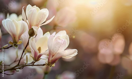 Delicate magnolia flowers bloom softly in warm sunlight, creating a serene and tranquil atmosphere.