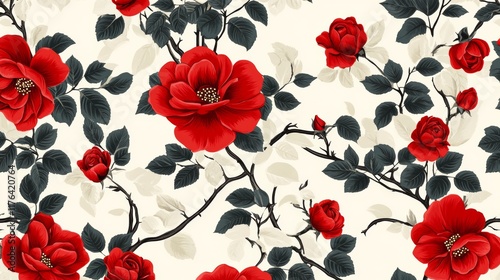 Silk seamless pattern of red rose wallpaper. Abstract floral background for gift paper. Vector illustration