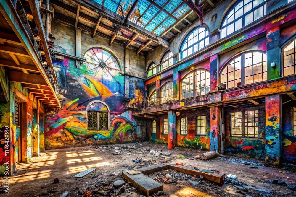 Obraz premium Vibrant Graffiti Art in Abandoned Urban Building - Modern Colorful Street Art Photography