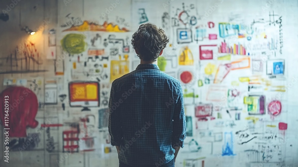 Man reviewing colorful project plan on wall. Man reviewing colorful project plan on wall.