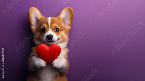 Playful corgi puppy holding a red heart-shaped card, perfect for Valentine's Day campaigns, pet love promotions, or joyful social media posts.