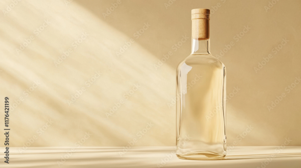 Naklejka premium clear glass bottle with cork stopper sits on smooth surface, illuminated by soft light, creating serene atmosphere