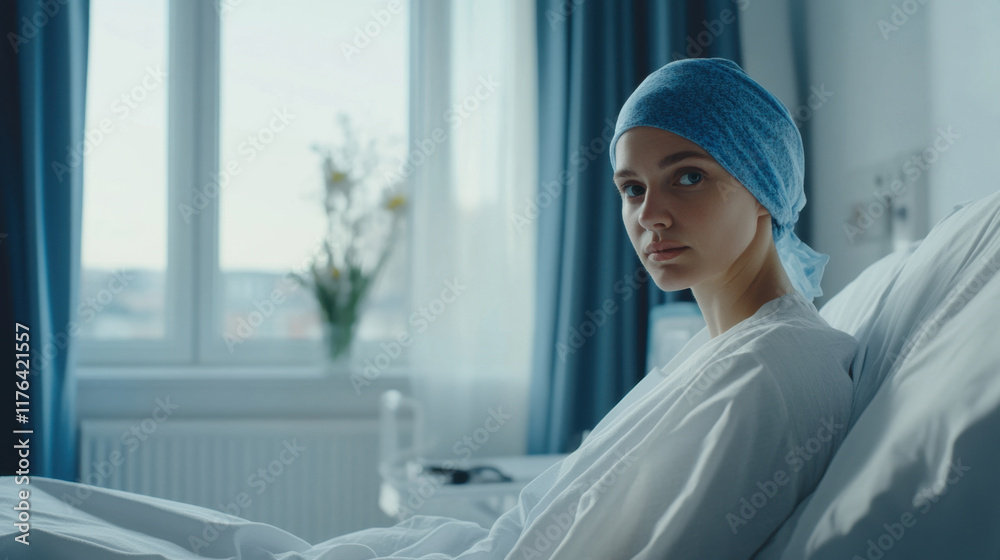 cancer patient in hospital bed, wearing blue headscarf, looks thoughtfully out window. room is bright and airy, with soft curtains and vase of flowers nearby cancer patient in hospital bed, wearing blue headscarf, looks thoughtfully out window. room is bright and airy, with soft curtains and vase of flowers nearby