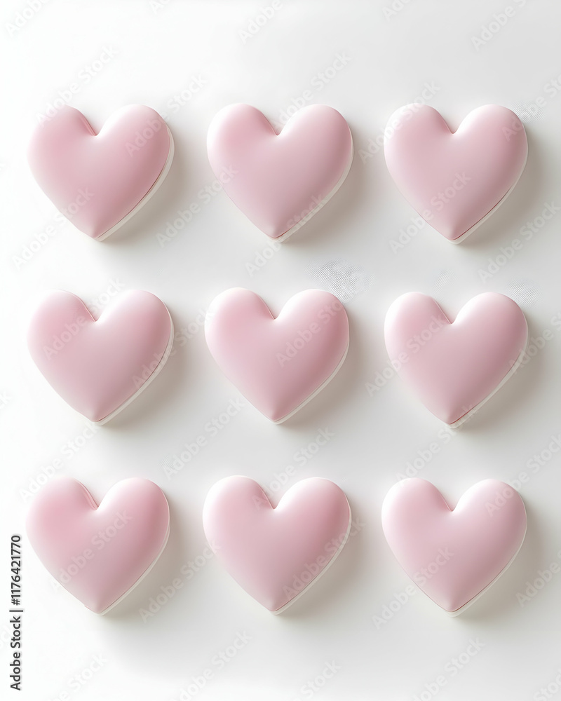 Nine pink heart-shaped cookies arranged in a grid on a white surface. Nine pink heart-shaped cookies arranged in a grid on a white surface.
