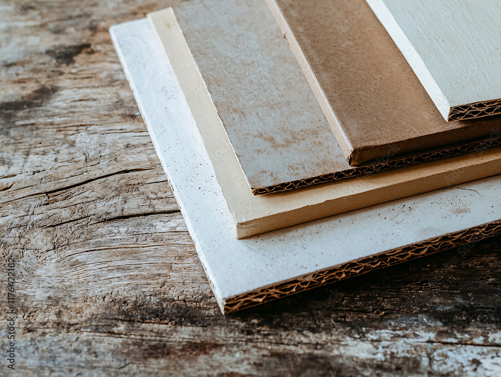 Close up of various cardboard sheets stacked on wooden surface, showcasing different textures and colors. Ideal for design and crafting projects Close up of various cardboard sheets stacked on wooden surface, showcasing different textures and colors. Ideal for design and crafting projects