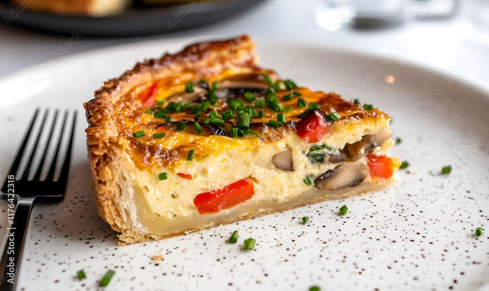 single slice of vegetable quiche on a white speckled ceramic plate, Generative AI single slice of vegetable quiche on a white speckled ceramic plate, Generative AI