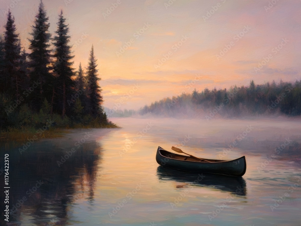Obraz premium Tranquil Sunrise over Misty Lake with a Canoe in the Water