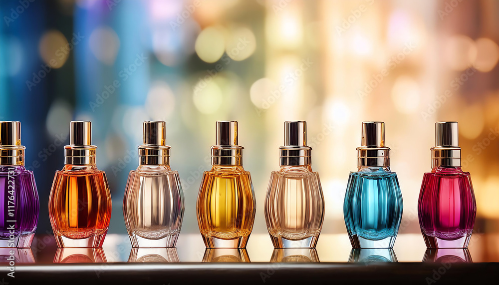 Naklejka premium A colorful array of elegant perfume bottles lined up against a blurred, vibrant background, showcasing various scents in a visually appealing display.