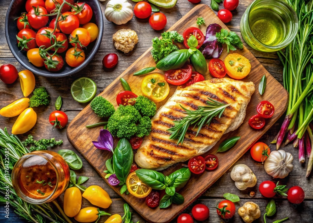 Vibrant Healthy Food Photography: Balanced Diet, Fresh Herbs & Gourmet Meats Vibrant Healthy Food Photography: Balanced Diet, Fresh Herbs & Gourmet Meats