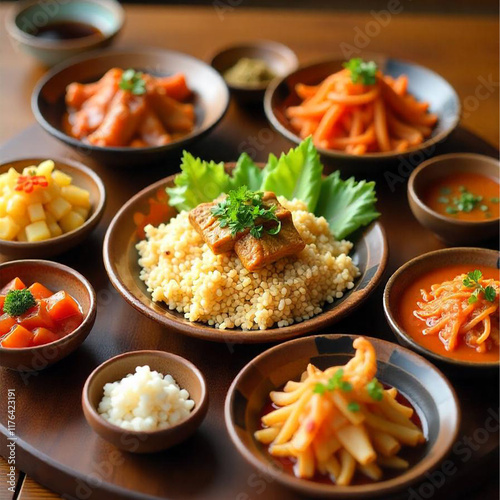 Traditional Hanjeongsik Meal with Multiple Side Dishes on Wooden Table – Overhead View