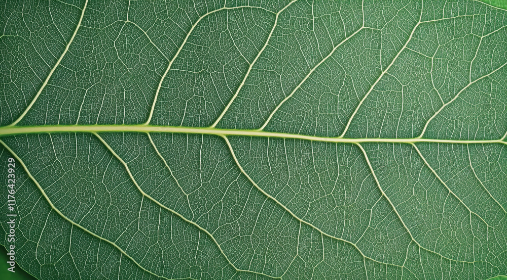Fototapeta premium Close up of green leaf texture showcasing intricate veins and patterns, highlighting beauty of nature design. vibrant green color adds fresh and lively feel