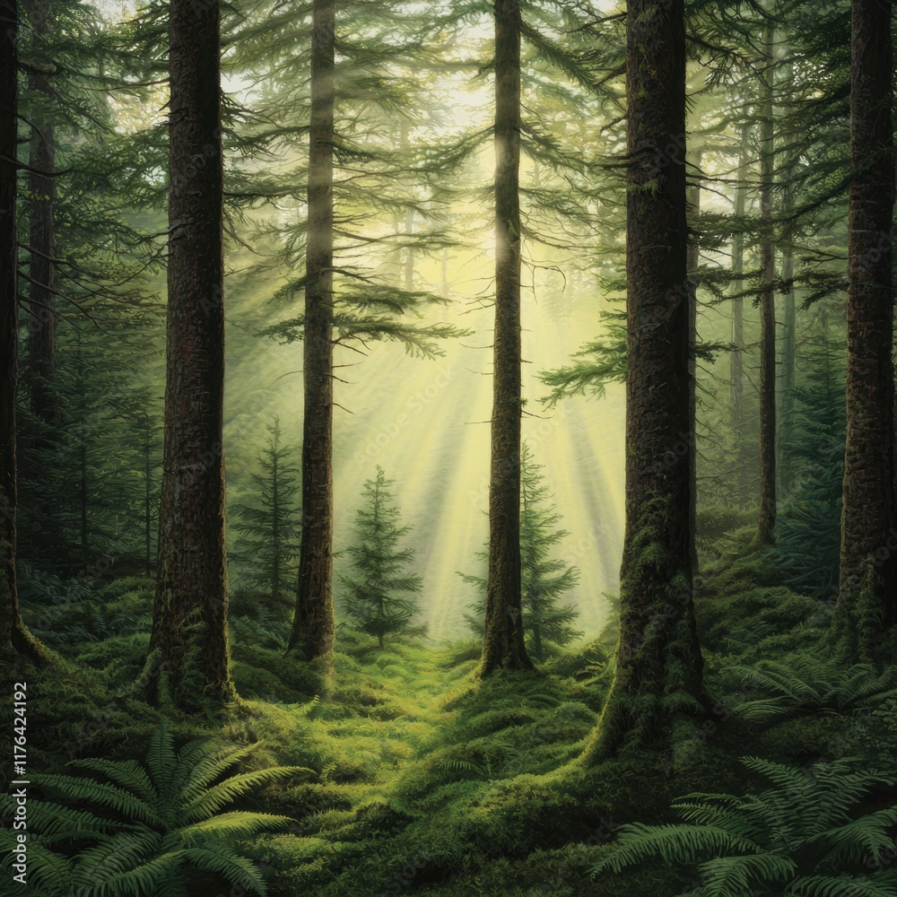 Fototapeta premium Lush Green Forest with Sunlight Streaming Through Tall Trees