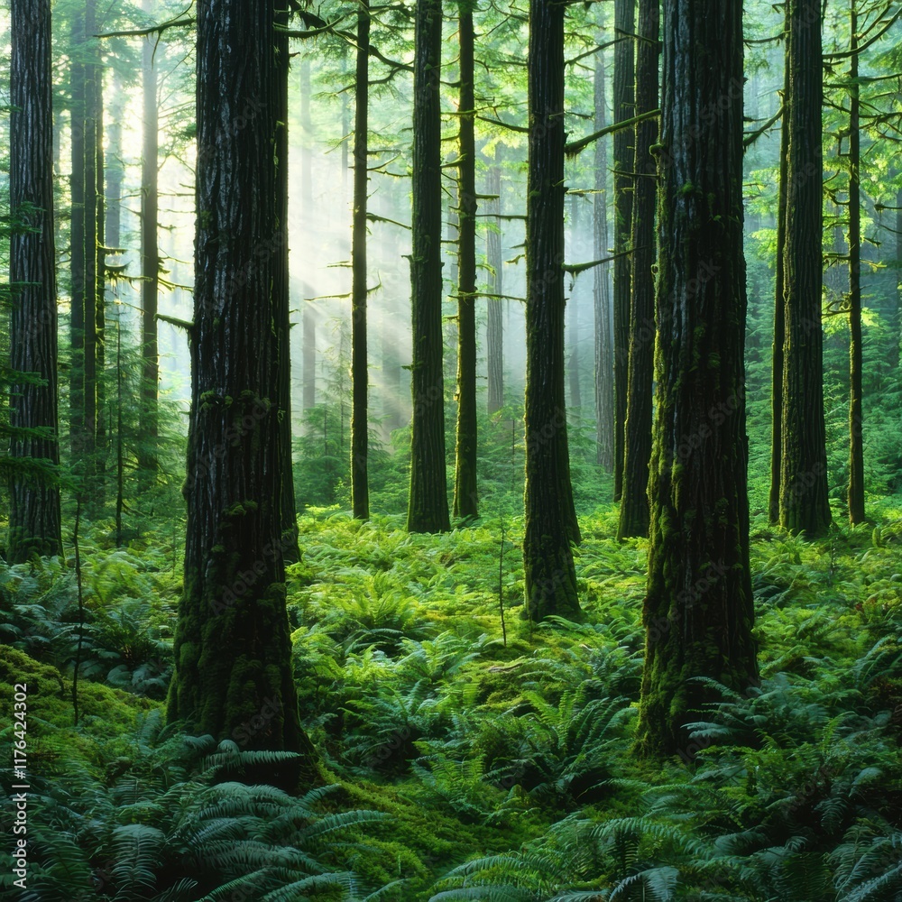 Obraz premium Serene Forest Landscape with Lush Greenery and Soft Sunlight