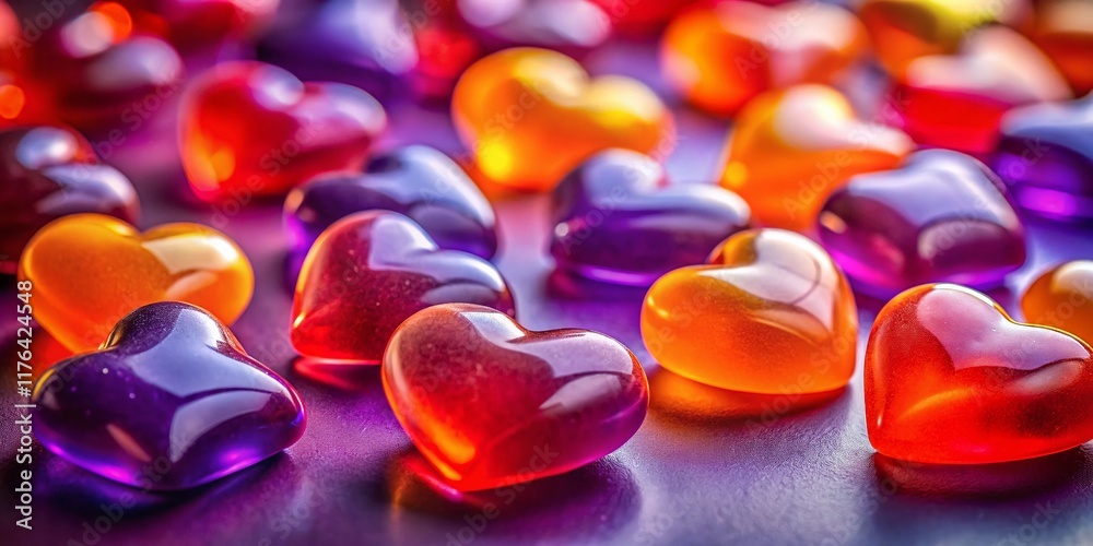 Vibrant Jelly Hearts on Purple and Orange Background - Stock Photo Vibrant Jelly Hearts on Purple and Orange Background - Stock Photo