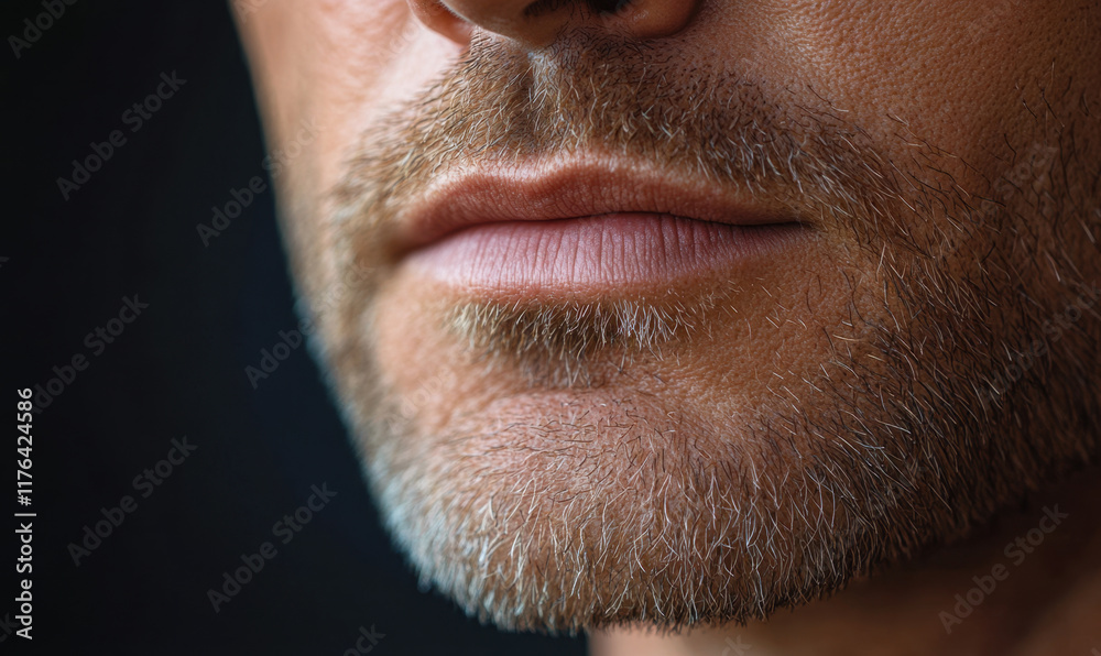 Fototapeta premium Close up of man face with no facial hair, showcasing smooth lips and skin texture. image captures sense of calm and confidence