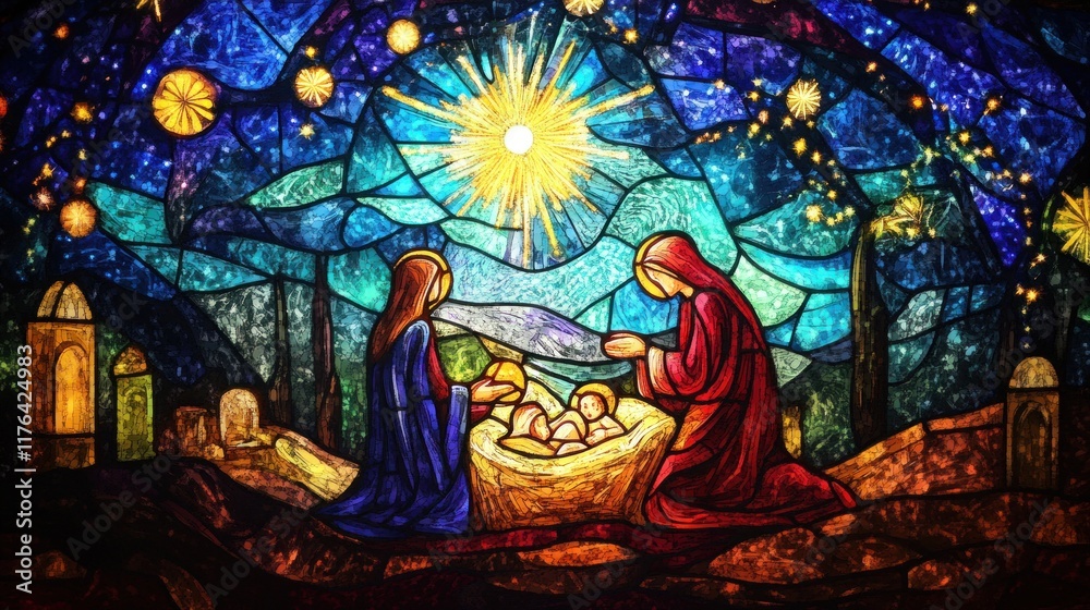 Stunning stained glass depiction of the Nativity, illuminated with radiant colors and intricate Christmas-themed designs, perfect for festive visuals Stunning stained glass depiction of the Nativity, illuminated with radiant colors and intricate Christmas-themed designs, perfect for festive visuals