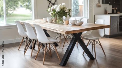 a dining table with white chairs and a vase of flowers photo