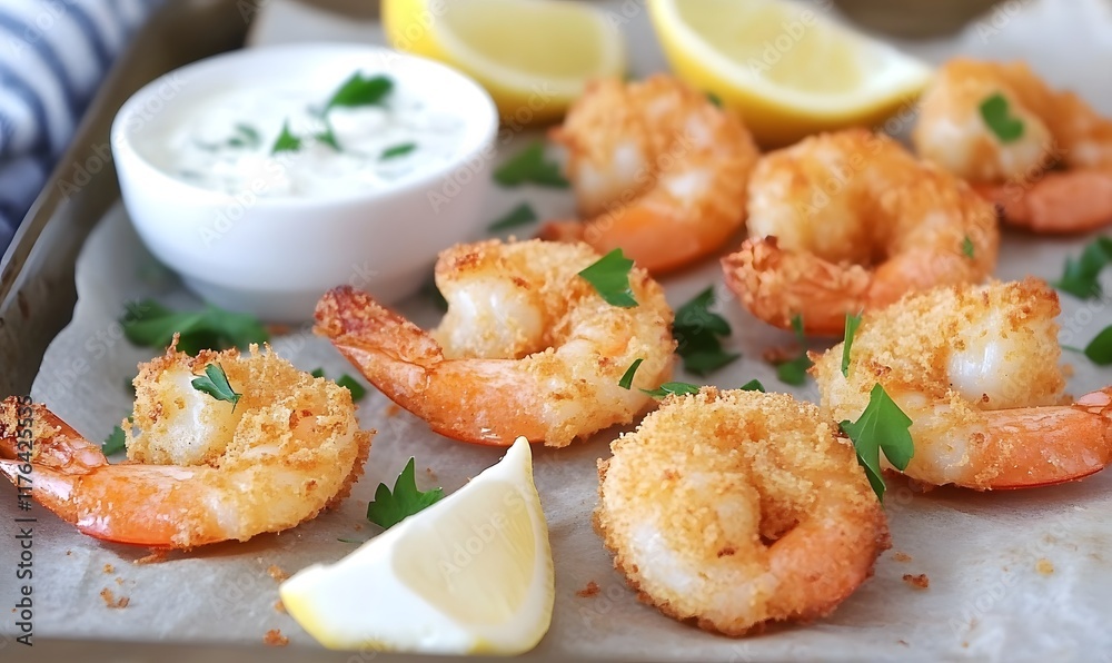 Perfectly grilled golden breaded shrimp arranged on a parchment lined baking tray. Generative AI Perfectly grilled golden breaded shrimp arranged on a parchment lined baking tray. Generative AI