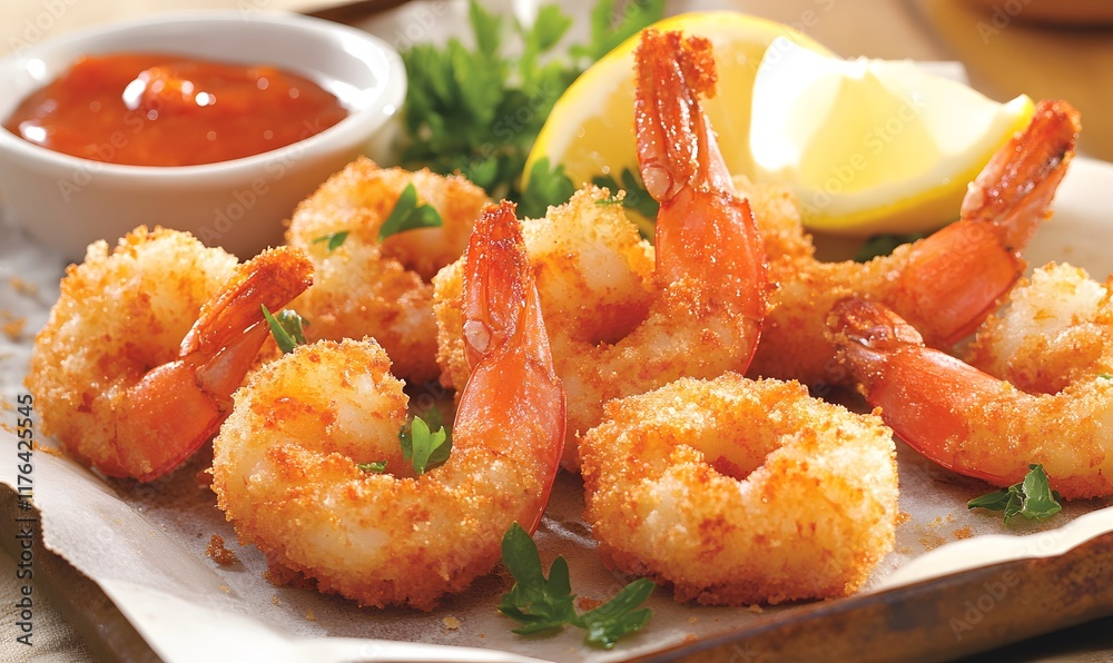 Perfectly grilled golden breaded shrimp arranged on a parchment lined baking tray. Generative AI Perfectly grilled golden breaded shrimp arranged on a parchment lined baking tray. Generative AI
