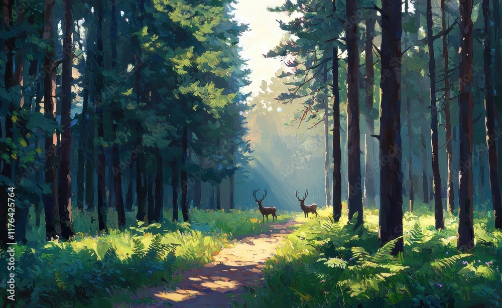 Obraz premium Peaceful Forest Landscape with Deer and Sunlight Through Trees