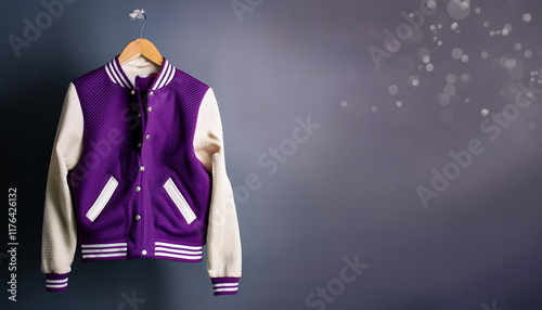 A vibrant purple varsity jacket hangs on a wooden hanger against a dark wall, adding a stylish touch to the minimalist background. photo