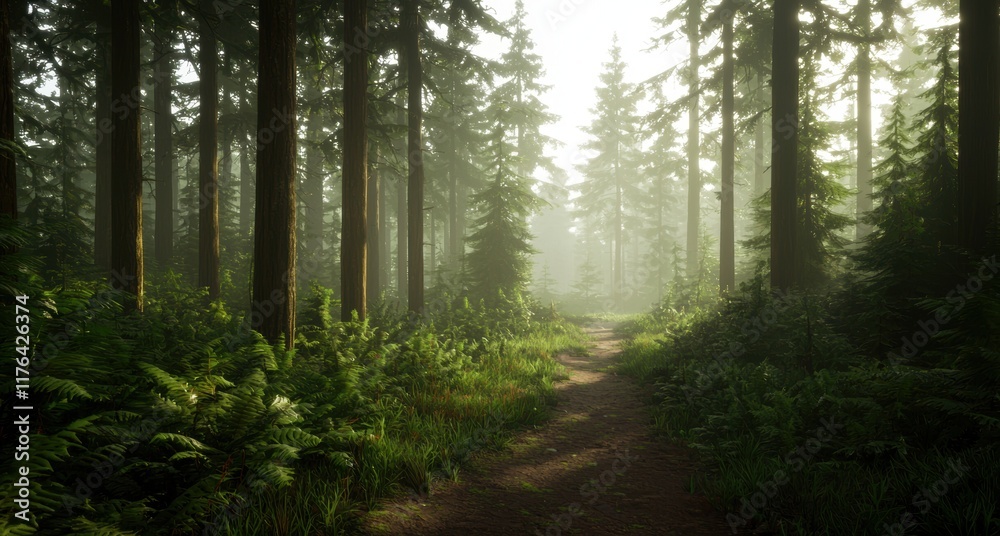 Fototapeta premium Serene Misty Forest Pathway Surrounded by Tall Evergreen Trees
