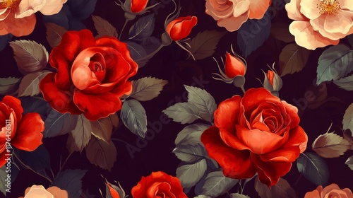 Silk seamless pattern of red rose wallpaper. Abstract floral background for gift paper. Vector illustration