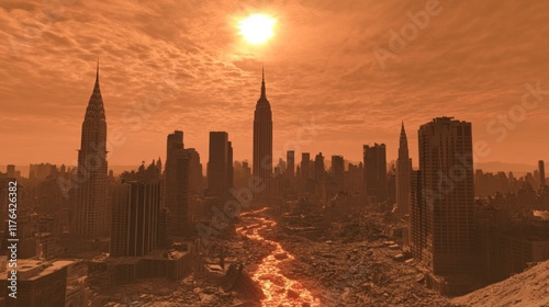 Post-apocalyptic New York City skyline under a fiery orange sun. photo