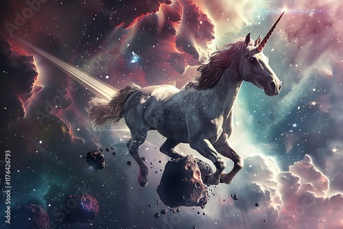 A majestic unicorn, silvergrey, with a spiraling horn, runs across a vibrant nebula backdrop. Stars and cosmic dust surround it, creating a fantasy space scene. photo