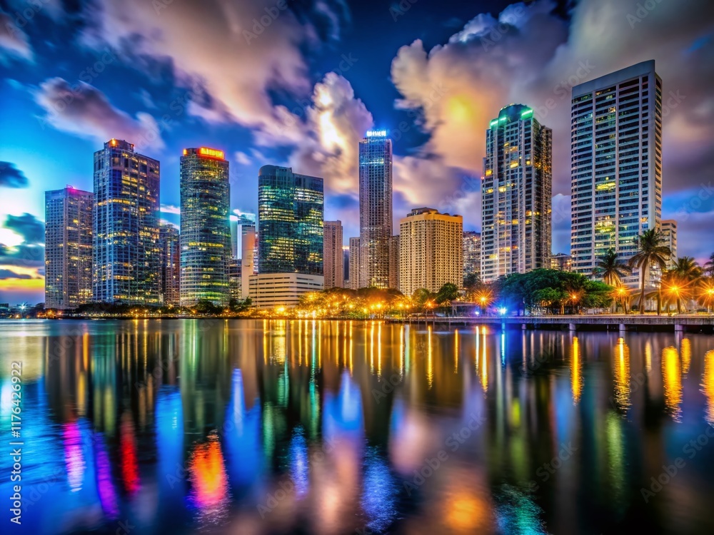 Naklejka premium Vibrant Miami Downtown Nightscape: Illuminated Skyscrapers and City Lights