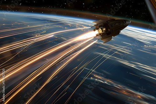 A spacecraft accelerates through Earths orbit, leaving a bright trail of fiery exhaust. The planets curvature is visible, along with the blackness of space. The image depicts rapid movement and powerf photo