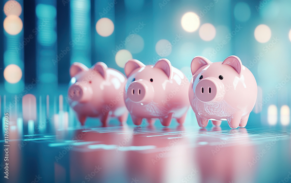 Three pink piggy banks symbolize savings and financial growth in digital world Three pink piggy banks symbolize savings and financial growth in digital world