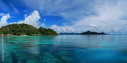 Green island in a tropical ocean. Palm trees bank seashore. Travel vacation holiday inn seascape beautiful view photo