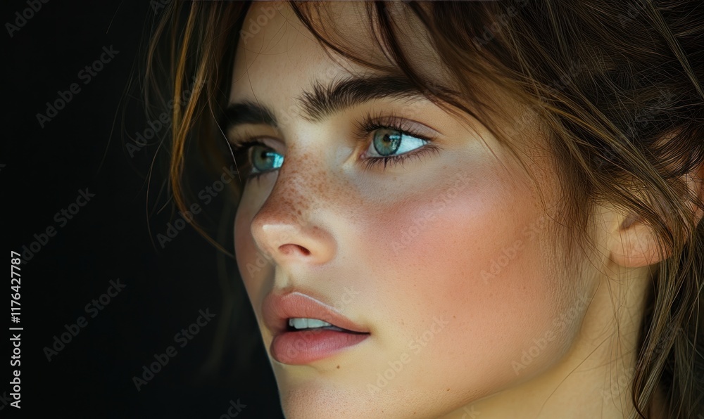 Fototapeta premium Close-up, freckled woman, green eyes, brown hair.