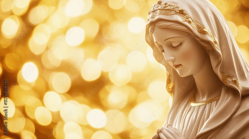 The Virgin Mary white statue with intricate details, surrounded by a warm golden bokeh background, perfect for faith-based web or billboard designs The Virgin Mary white statue with intricate details, surrounded by a warm golden bokeh background, perfect for faith-based web or billboard designs