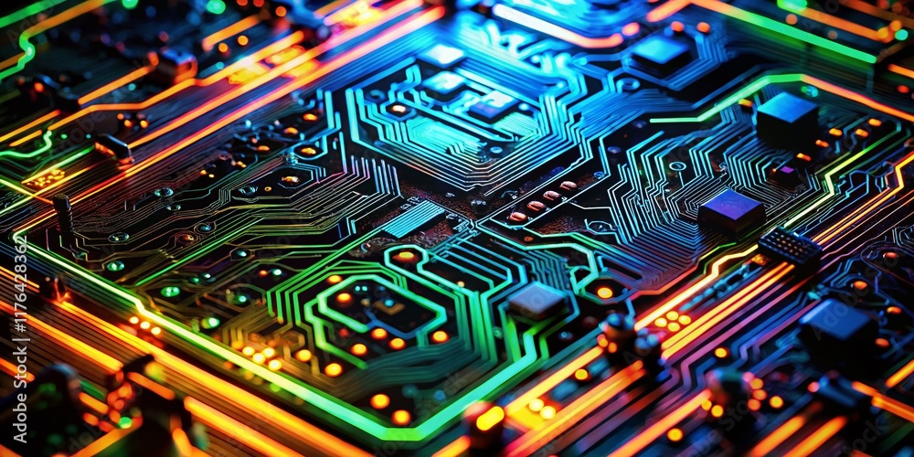 Vibrant Neon Circuit Board: Low Light Tech Abstract Background Vibrant Neon Circuit Board: Low Light Tech Abstract Background