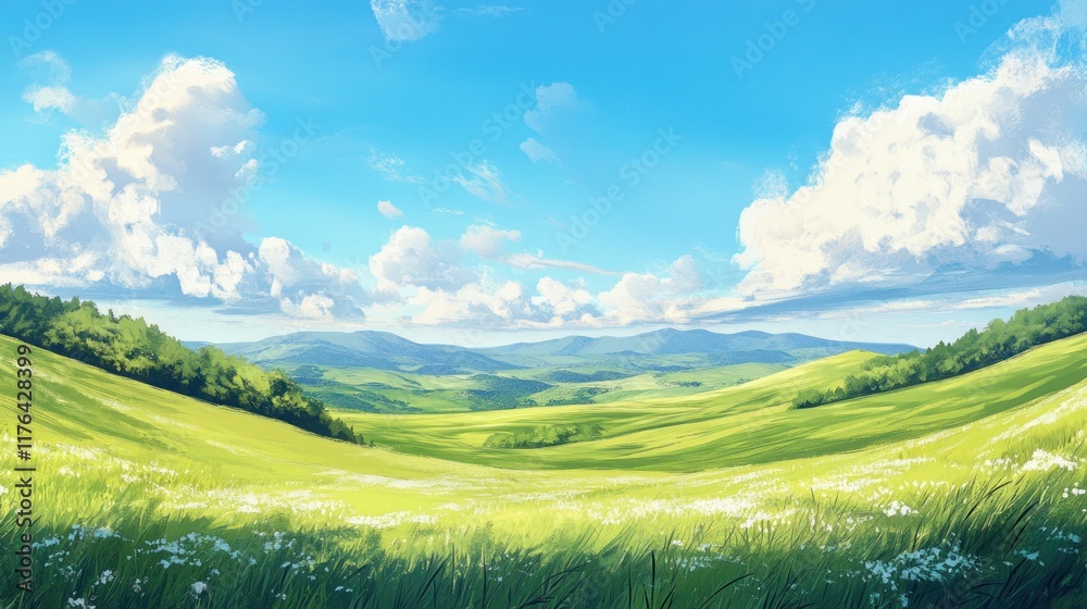 Obraz premium Tranquil green hills and meadows under a clear blue sky with soft white clouds, creating an inviting and peaceful panoramic banner