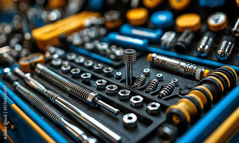 A close-up of a toolset featuring screws, nuts, and various tools organized neatly. A close-up of a toolset featuring screws, nuts, and various tools organized neatly.
