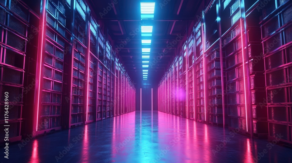 Fototapeta premium Modern Warehouse Interior with Bright Neon Lights and Rows of Containers, Showcasing an Innovative Storage Environment