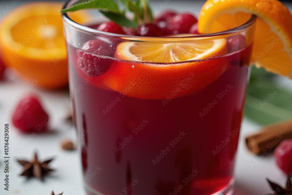 Raspberry mulled wine with warm ambiance, garnished with orange slices and mint leaves, cozy autumn background Raspberry mulled wine with warm ambiance, garnished with orange slices and mint leaves, cozy autumn background