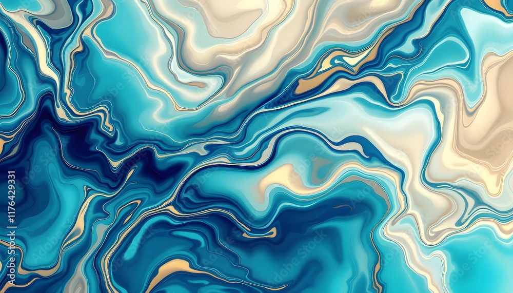 Obraz premium Abstract Teal and Gold Swirls: A Serene Liquid Marble Artwork