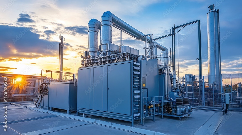 Obraz premium Industrial Power Plant with Gas Turbines Against a Vibrant Sunset Sky, Showcasing Modern Energy Solutions and Infrastructure in a Dynamic Urban Environment