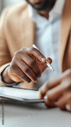 Close-up of professional hands holding pen and tablet in modern office setting.