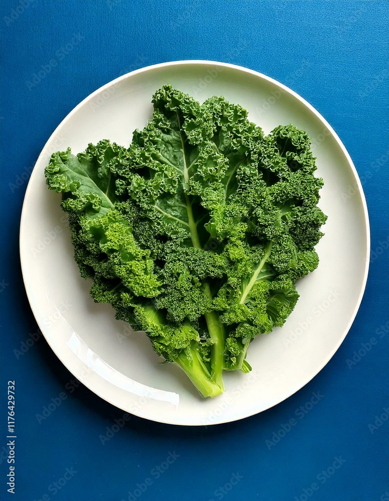 Fresh green kale leaves on a white plate and blue background Fresh green kale leaves on a white plate and blue background