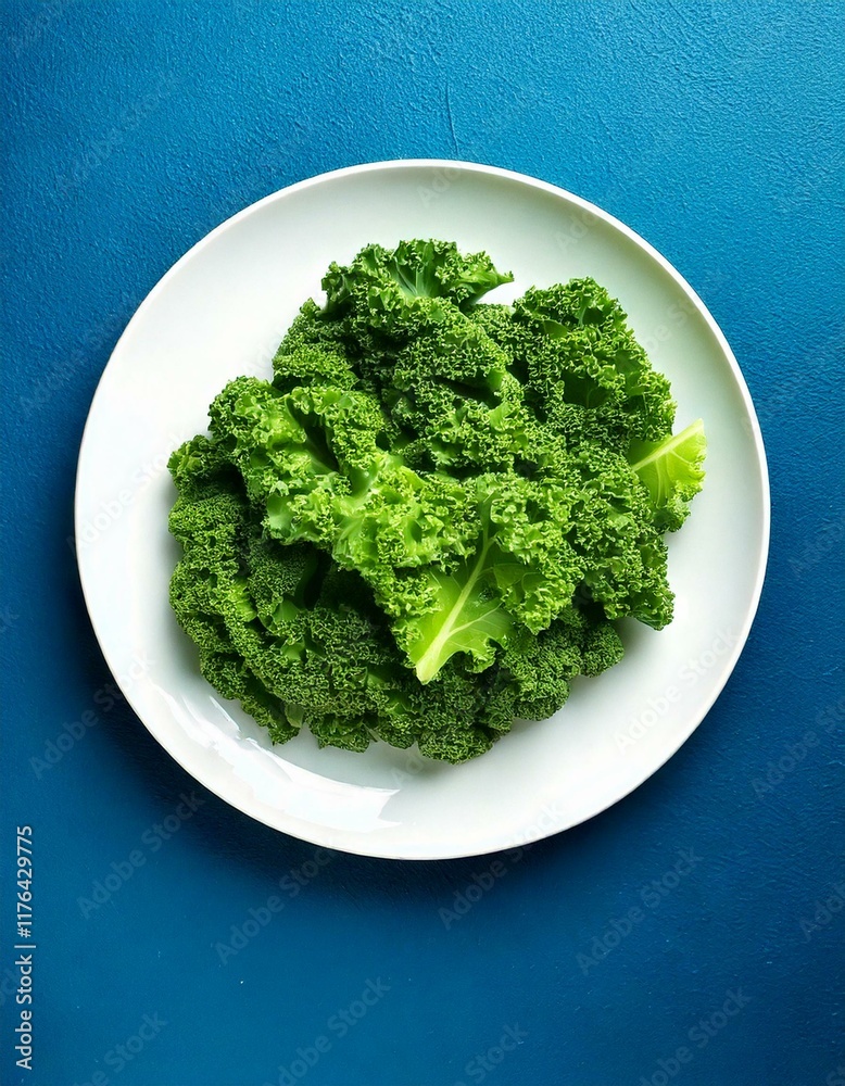 Fresh green kale leaves on a white plate and blue background Fresh green kale leaves on a white plate and blue background