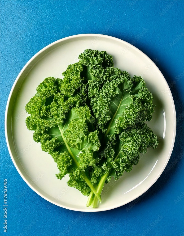 Fresh green kale leaves on a white plate and blue background Fresh green kale leaves on a white plate and blue background