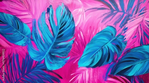 Tropical leaves in turquoise hues set against a bright pink and violet backdrop, offering a vibrant and stylish close-up design photo