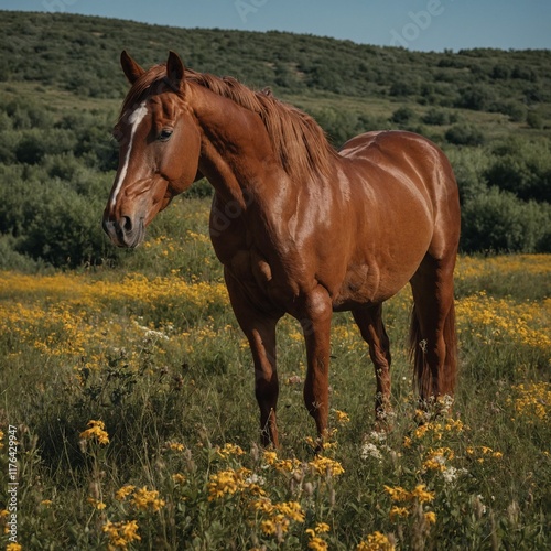 A chestnut horse with a shiny coat grazing in a field of wildflowers.