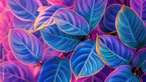 Tropical leaves in turquoise hues set against a bright pink and violet backdrop, offering a vibrant and stylish close-up design photo