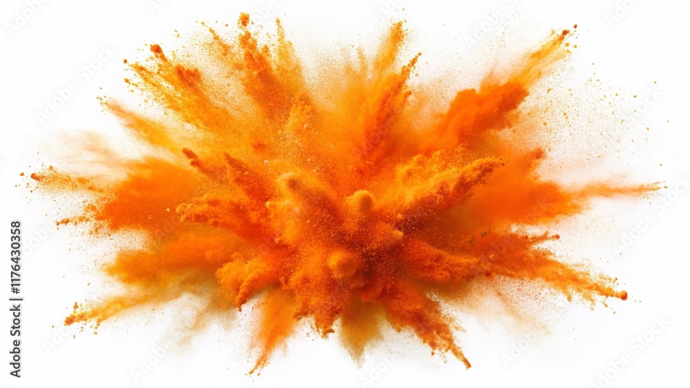 Naklejka premium Vibrant Orange Powder Explosion Isolated on White Background - Stock Photo